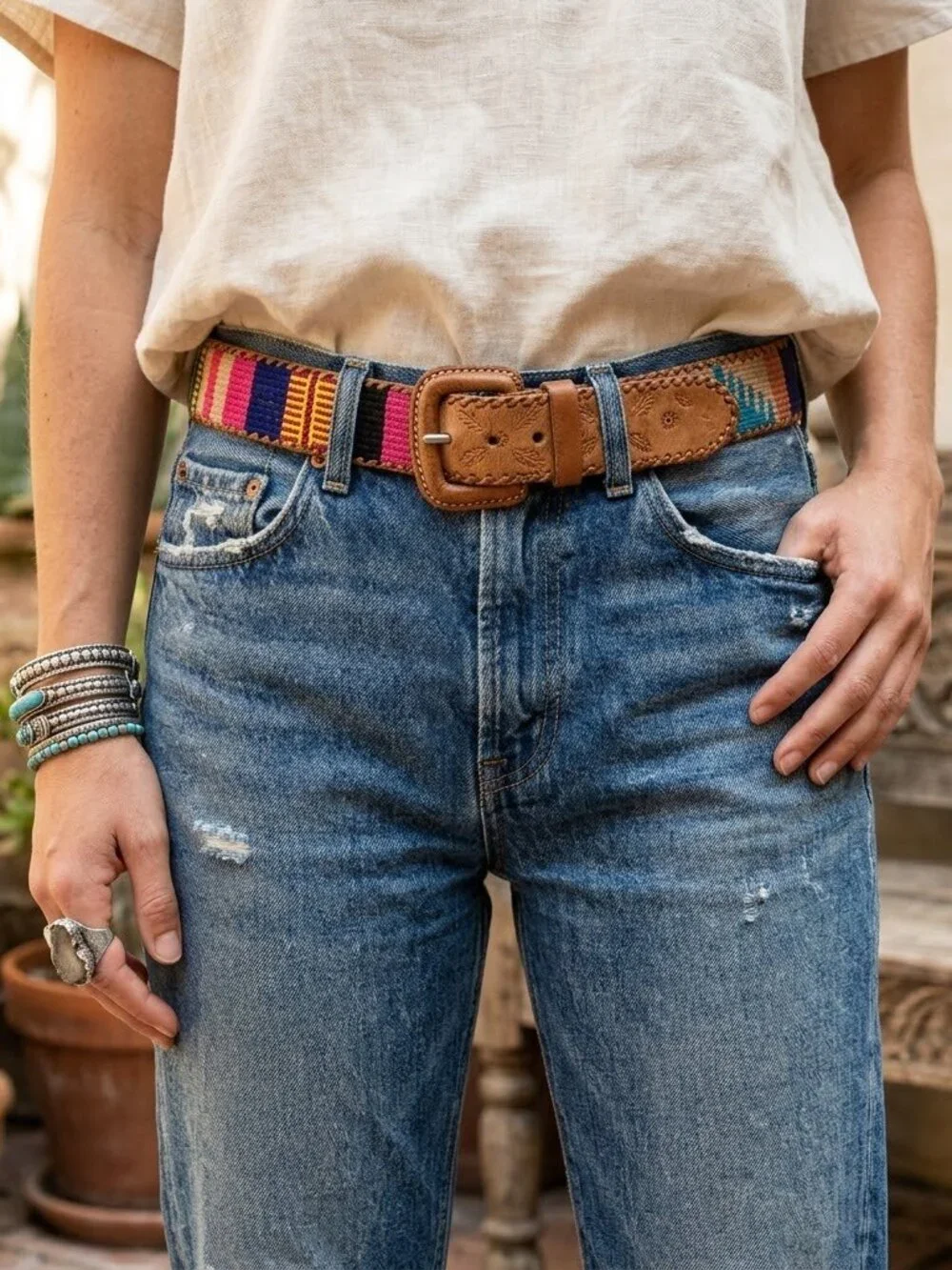 Vintage Guatemalan Handmade Leather & Woven Textile Belt Tan Multicolor Size 30